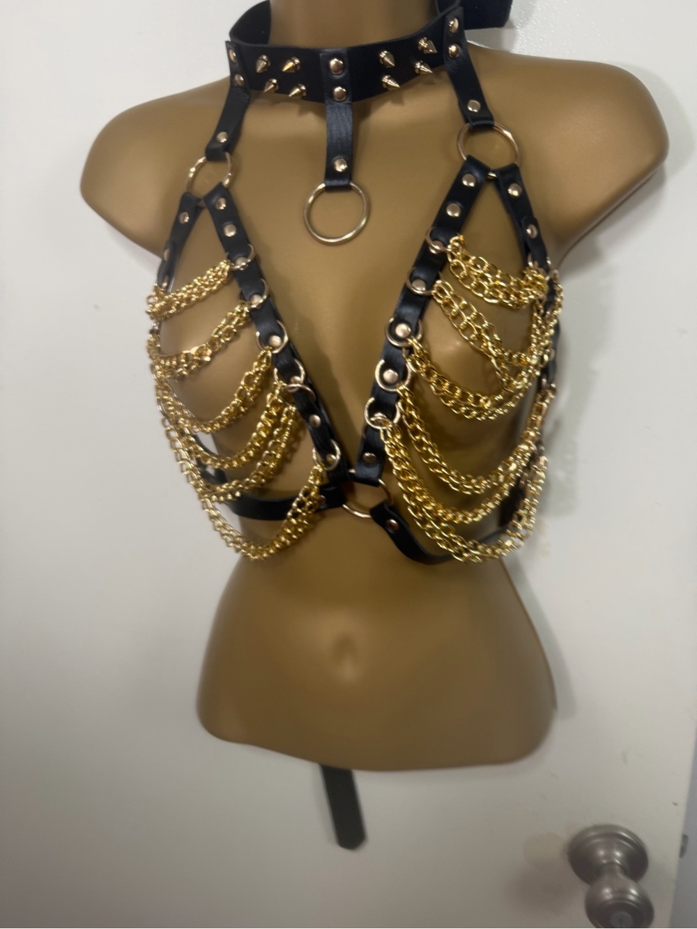 Widow Brazen Tactics Gold Chain Black Vegan Leather Gothic Choker Harness NWT OS